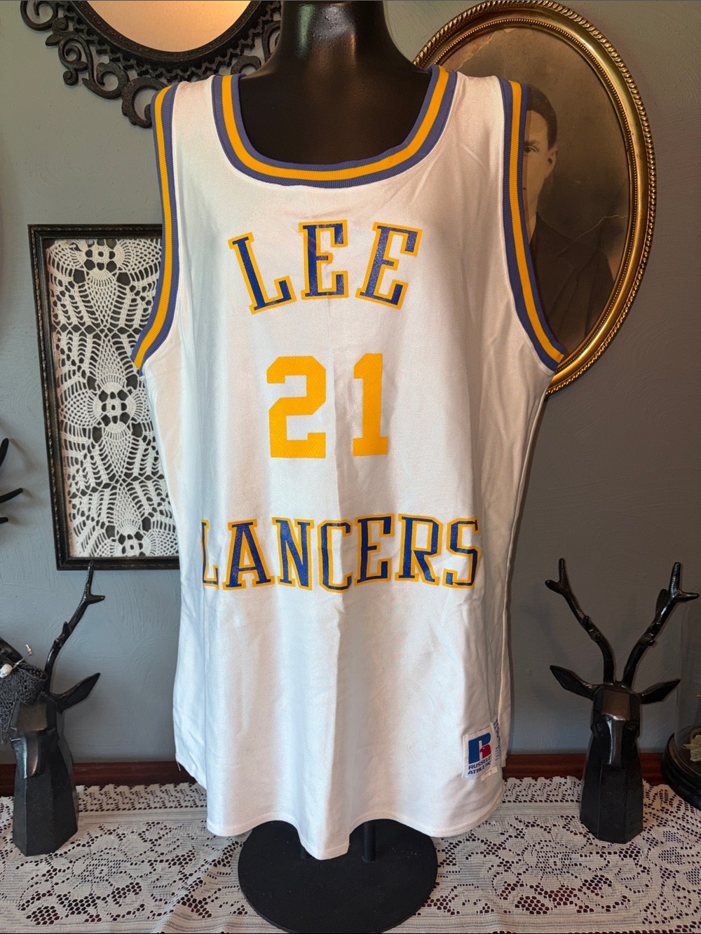 Russell Athletic White Basketball Jersey with Yellow & Blue Trim #21